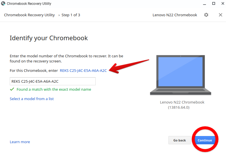 Entering the model number of Chromebook