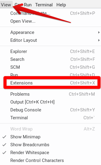 Opening "Extensions" on Visual Studio Code