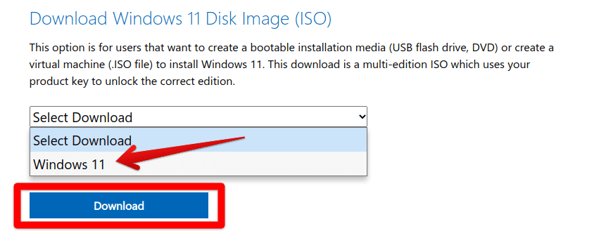 Selecting the Windows version for ISO download