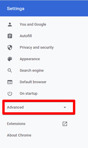 Selecting "Advanced" Chrome browser settings