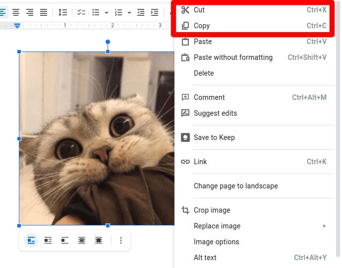 Cutting or copying the inserted image in Google Docs