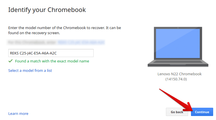 Entering the Chromebook model number 