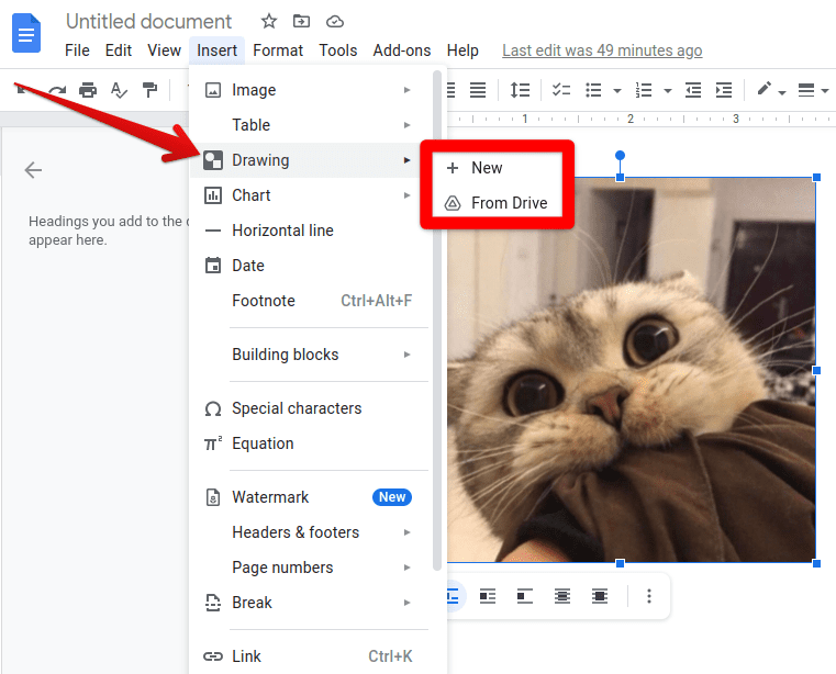 Opening up the "Drawing" menu in Google Docs
