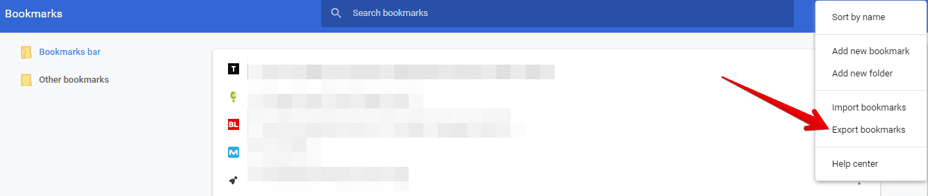 Clicking on "Export bookmarks"