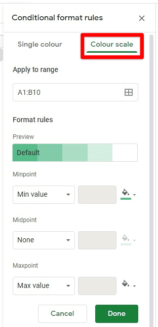 Conditional format rules and color scale