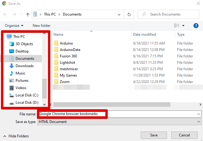 Exporting the bookmarks to the PC's local storage