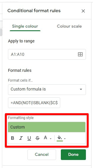 Formatting the searched cell
