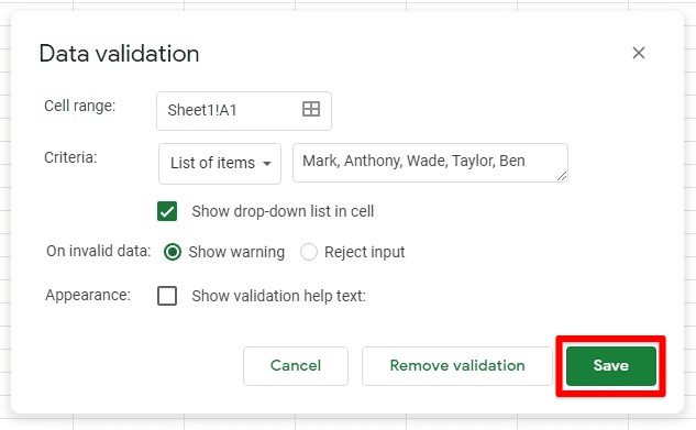 Save button for dropdown list of items