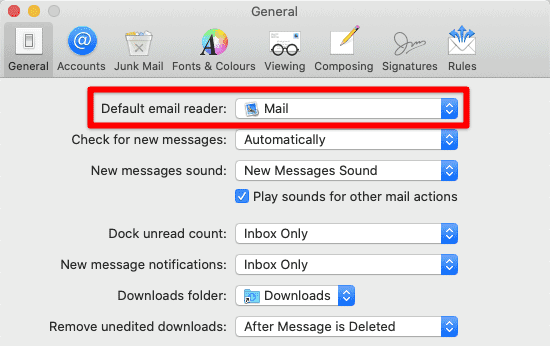 Setting default email reader