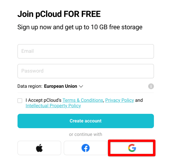 Signing up for pCloud