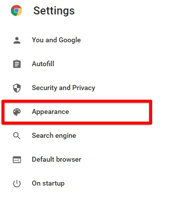 Appearance tab in settings