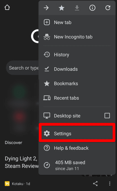 Clicking on Google Chrome's "Settings"