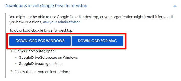 Downloading Google Drive for desktop