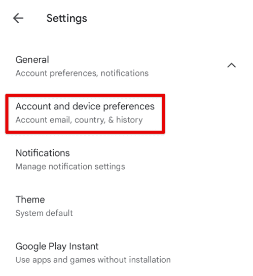 Account and device preferences in Play Store