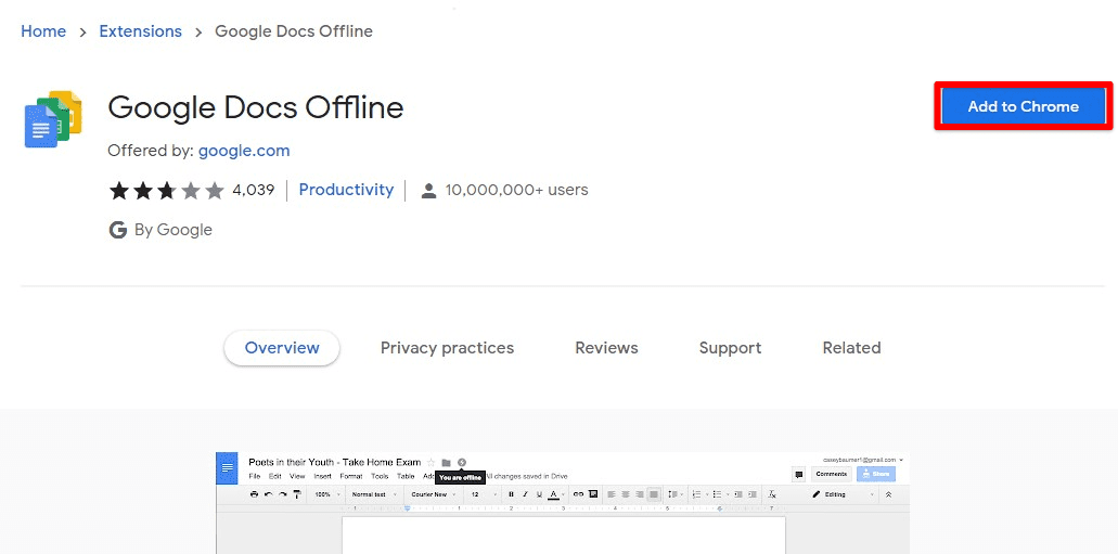 Downloading Google Docs offline extension