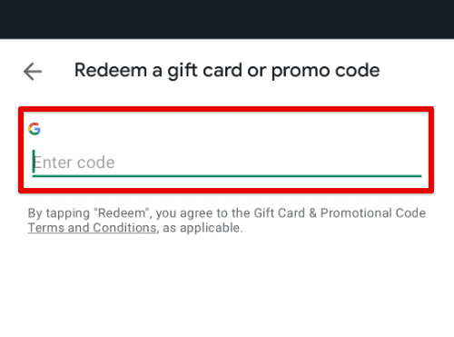 Entering gift card code