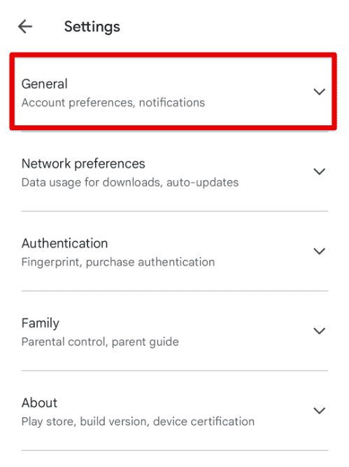 General tab in settings