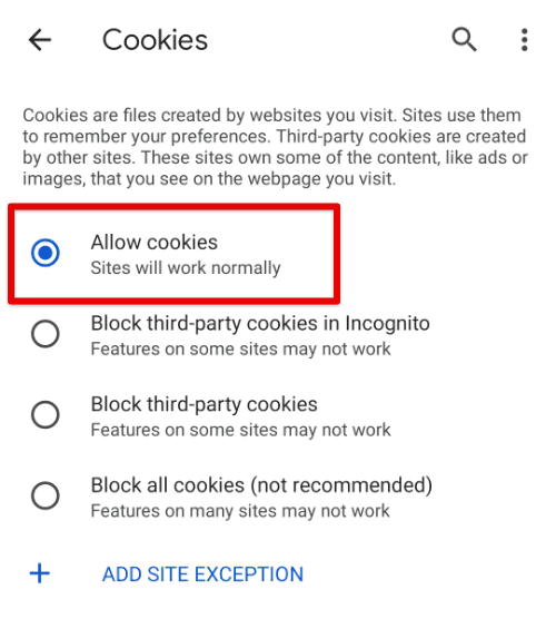 Allow all cookies