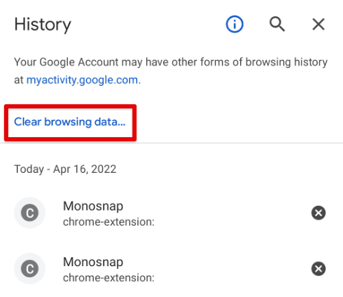 Clear browsing data on history page