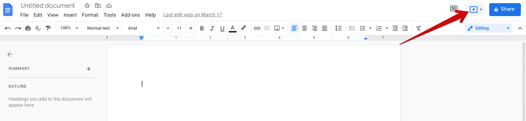 The "Present to a meeting" button in Google Docs