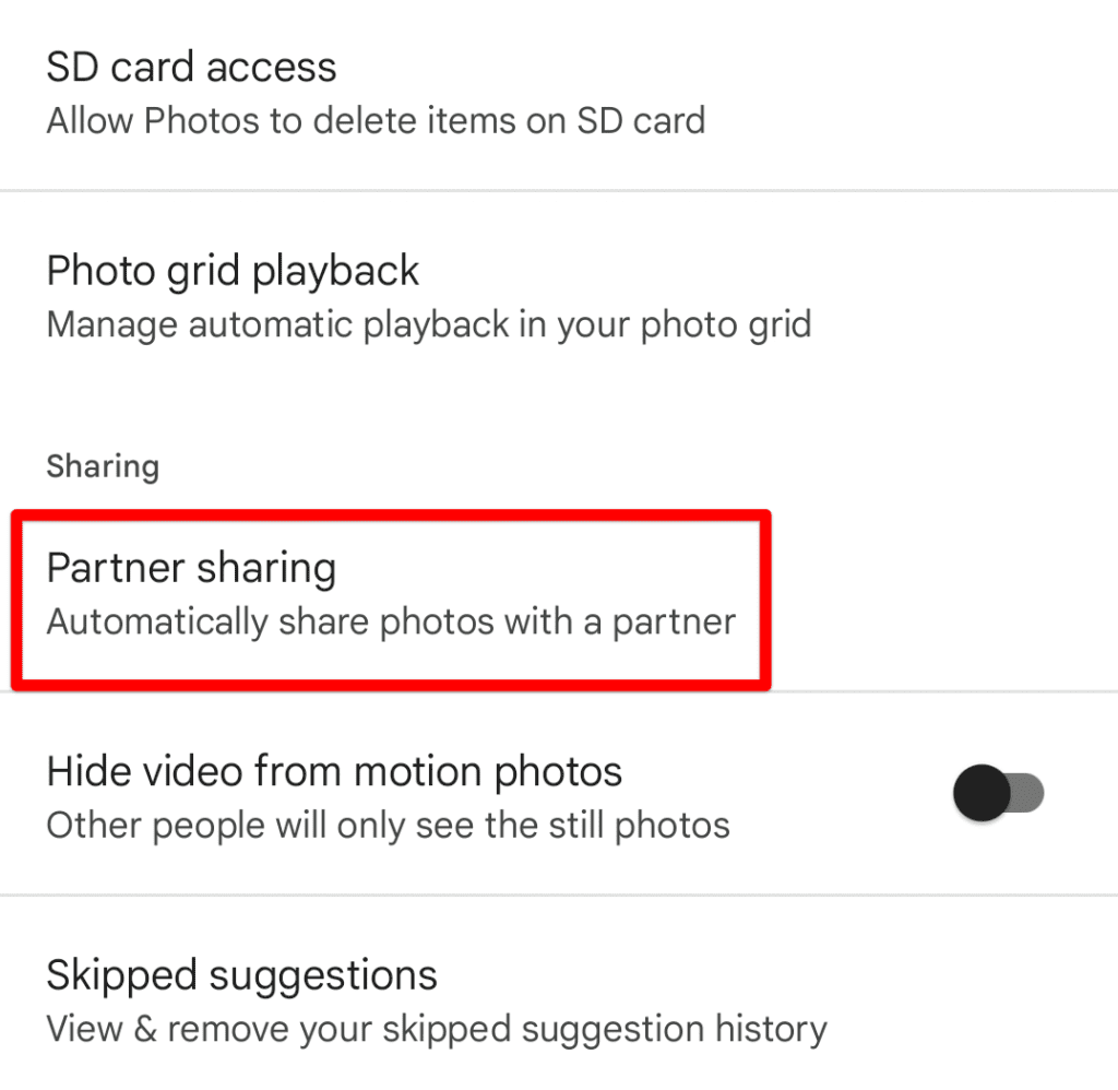 Partner sharing tab under sharing section