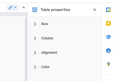 Table properties panel