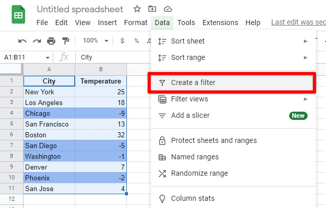Creating a filter in Google Sheets