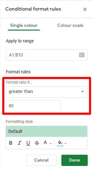 Format cells if value greater than 80