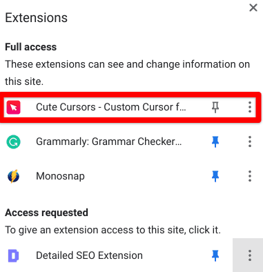 Launching the Cute Cursors extension