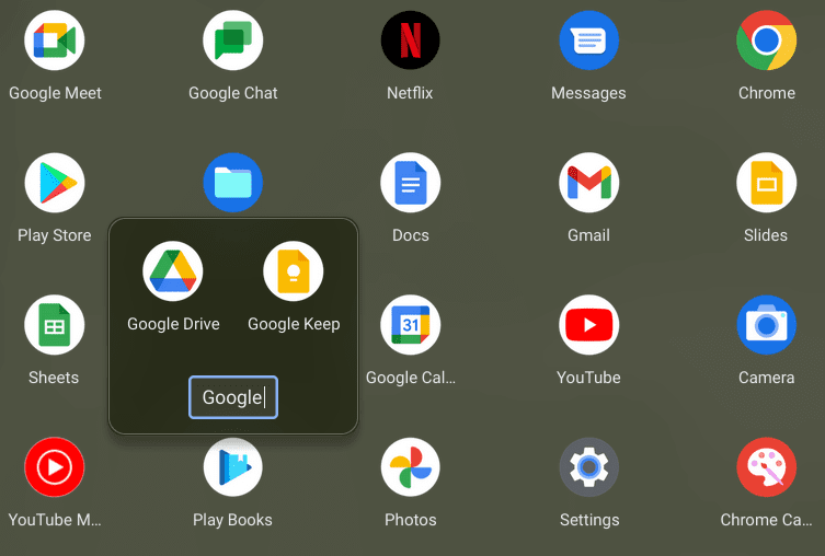 Creating a folder in the Chromebook Launcher