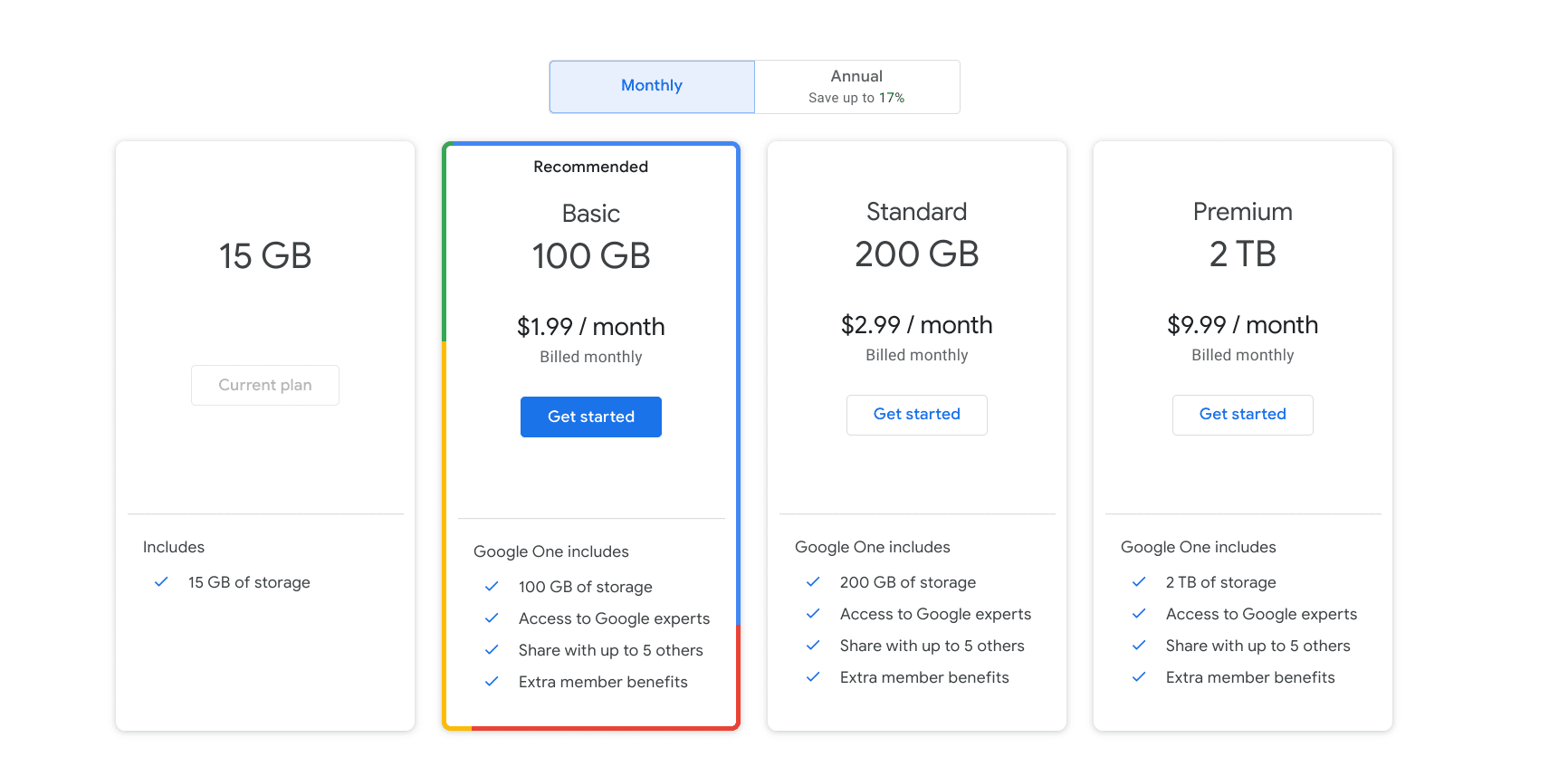 Google One pricing plans