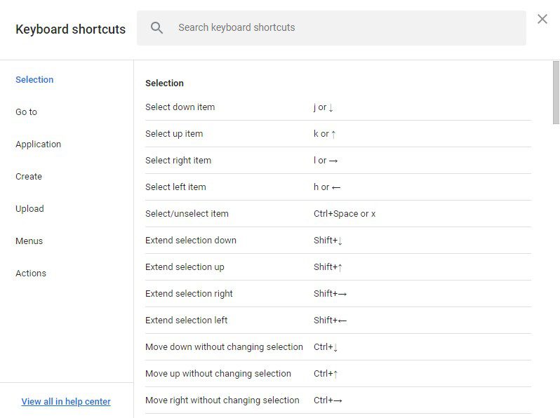 Keyboard shortcuts menu