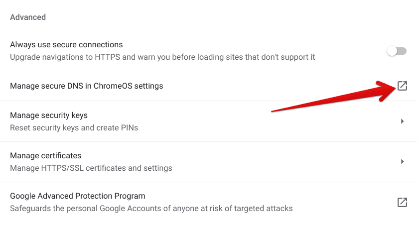 Managing secure DNS in ChromeOS settings