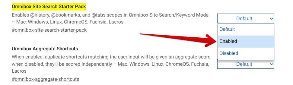 Enabling the Omnibox Site Search Starter Pack flag