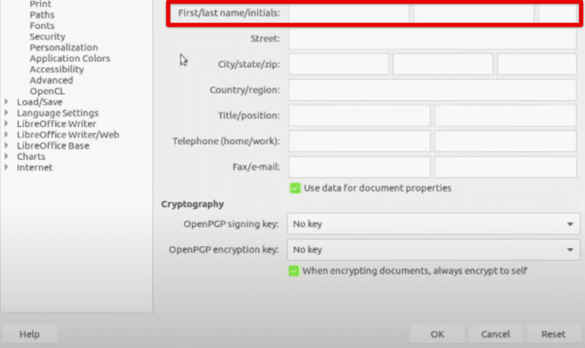 Entering a username in LibreOffice