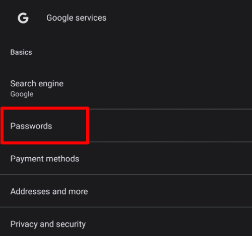 Passwords tab