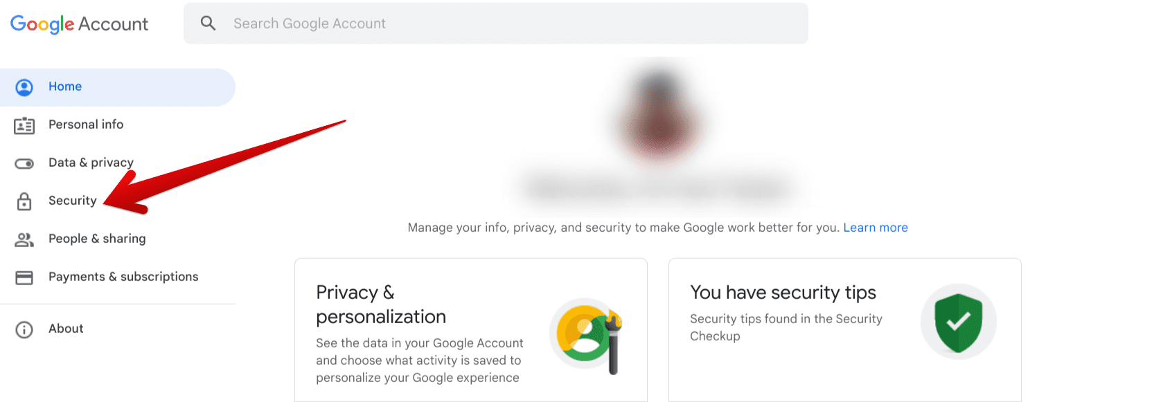 Accessing the "Security" section of the Google account