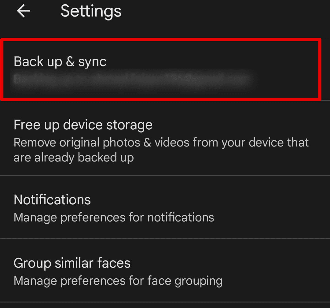 Clicking on "Back up and sync"