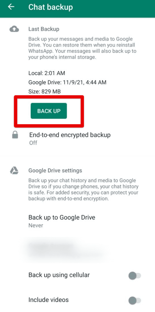 Clicking on the "Back Up" button
