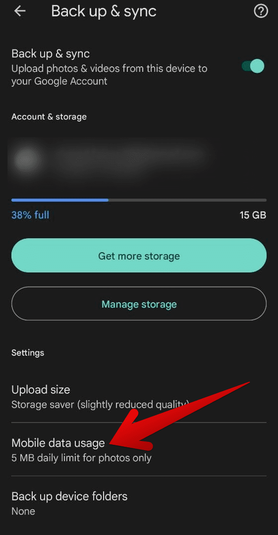 Clicking on the "Mobile data" usage button