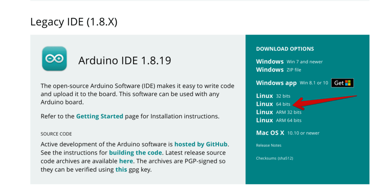Copying the link address of the Arduino IDE 64-bit Linux file