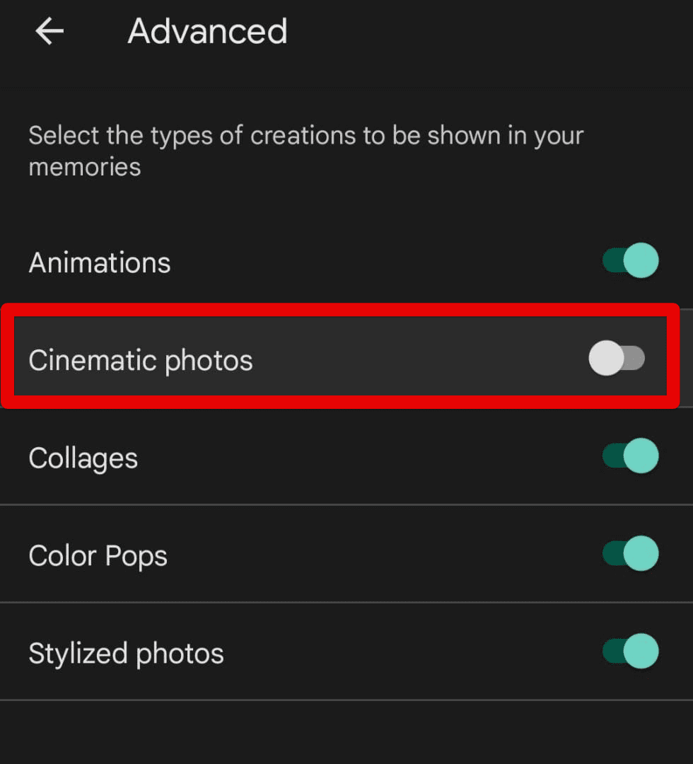 Enabling the "Cinematic photos" toggle
