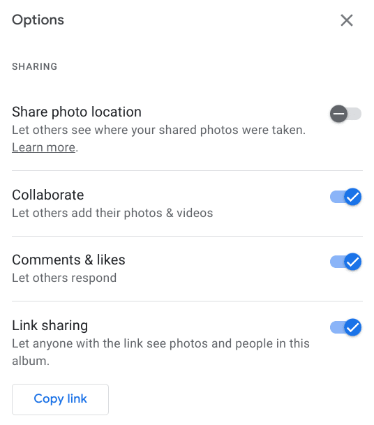 Link Sharing in Google Photos