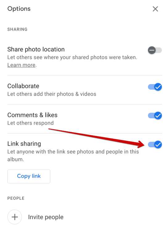 Turning off Link Sharing in Google Photos