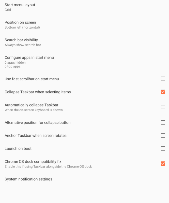 The "General settings" section of the Taskbar app