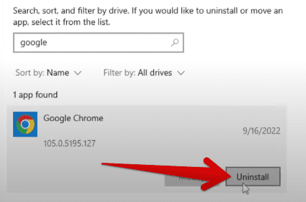 Uninstalling Google Chrome on Windows 10