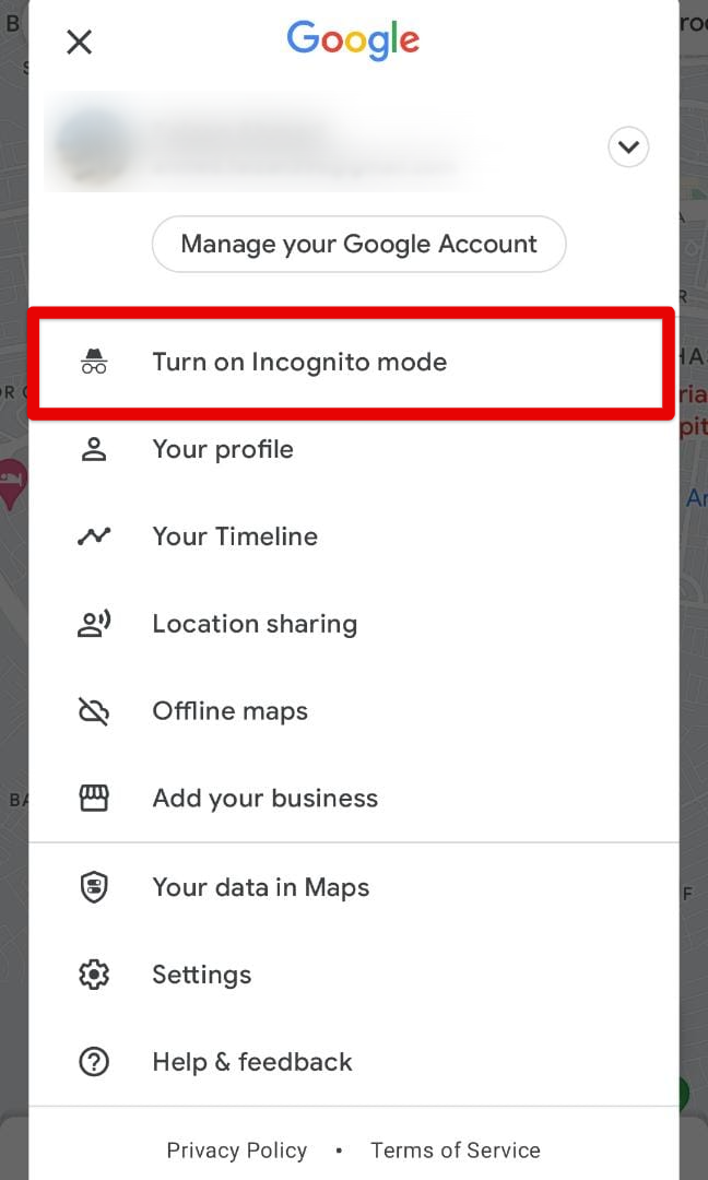 Enabling Incognito mode in Google Maps