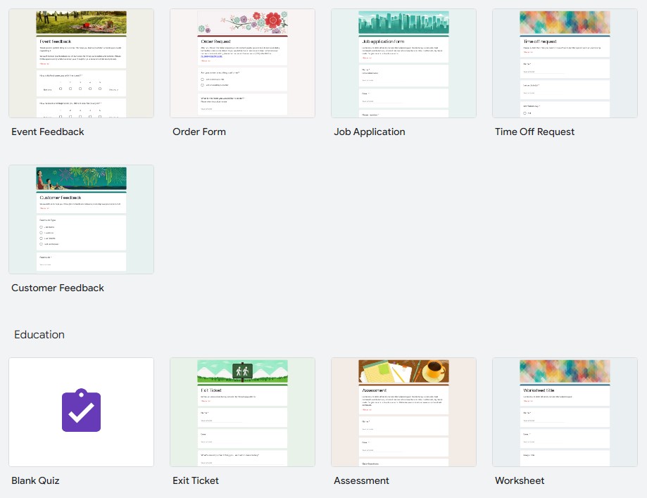 Google Form template gallery