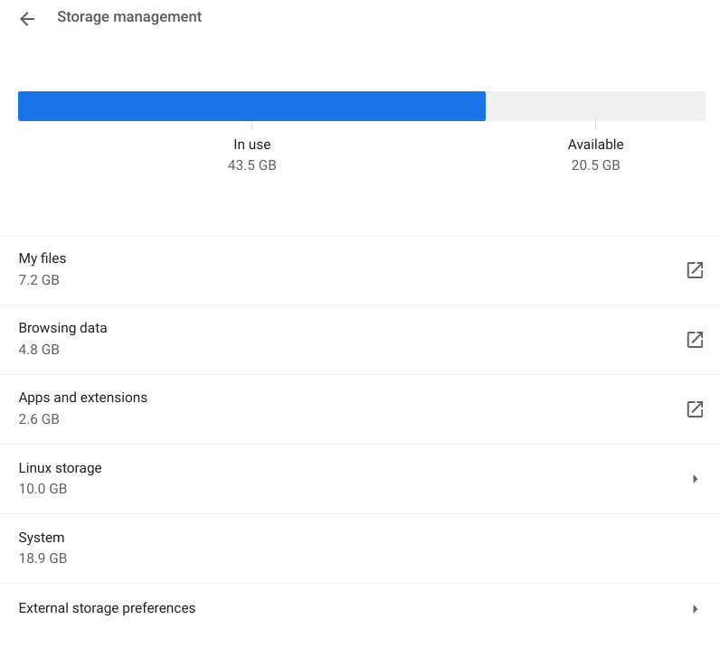 The "Storage management" section in ChromeOS
