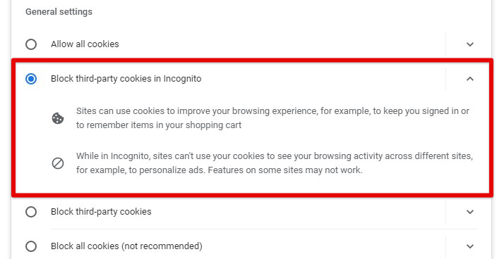 Blocking third-party cookies in incognito